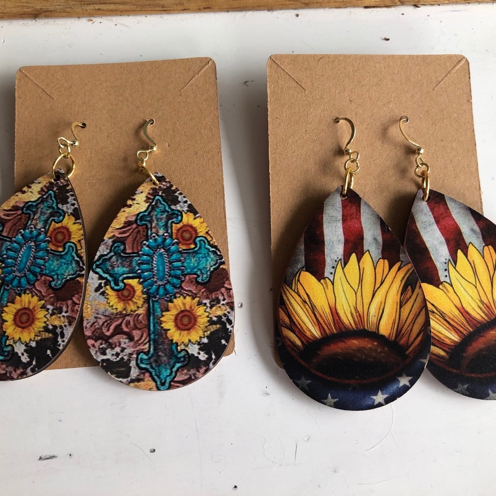 Wooden Sunflower Earrings - Pick 2 from pics in listing